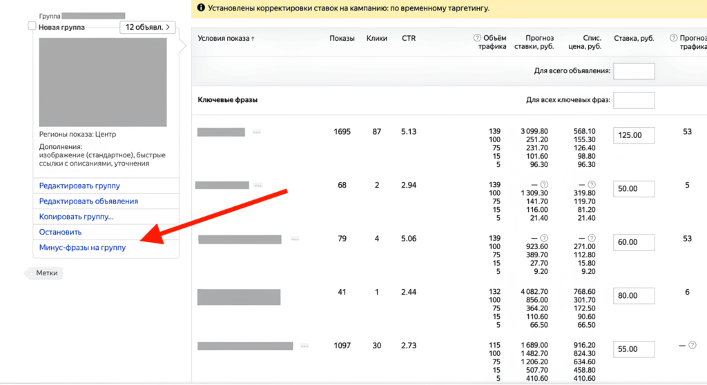 Минус-фразы на группу в Яндекс Директ